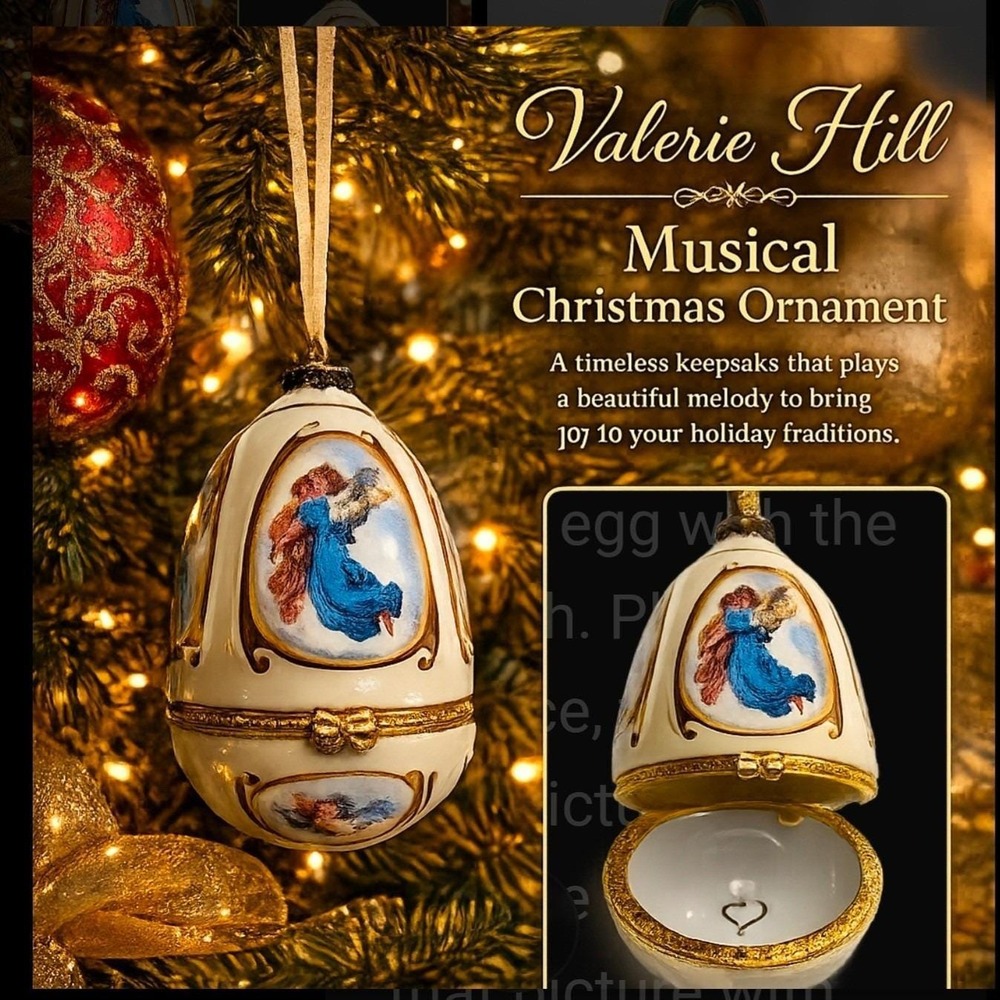 Valerie Hill Musical Christmas Ornament Angel Cherub Egg Hinged Trinket Box Gold